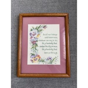 Handmade Embroidered Art Friendship Flowers Colorful Matted Framed Signed